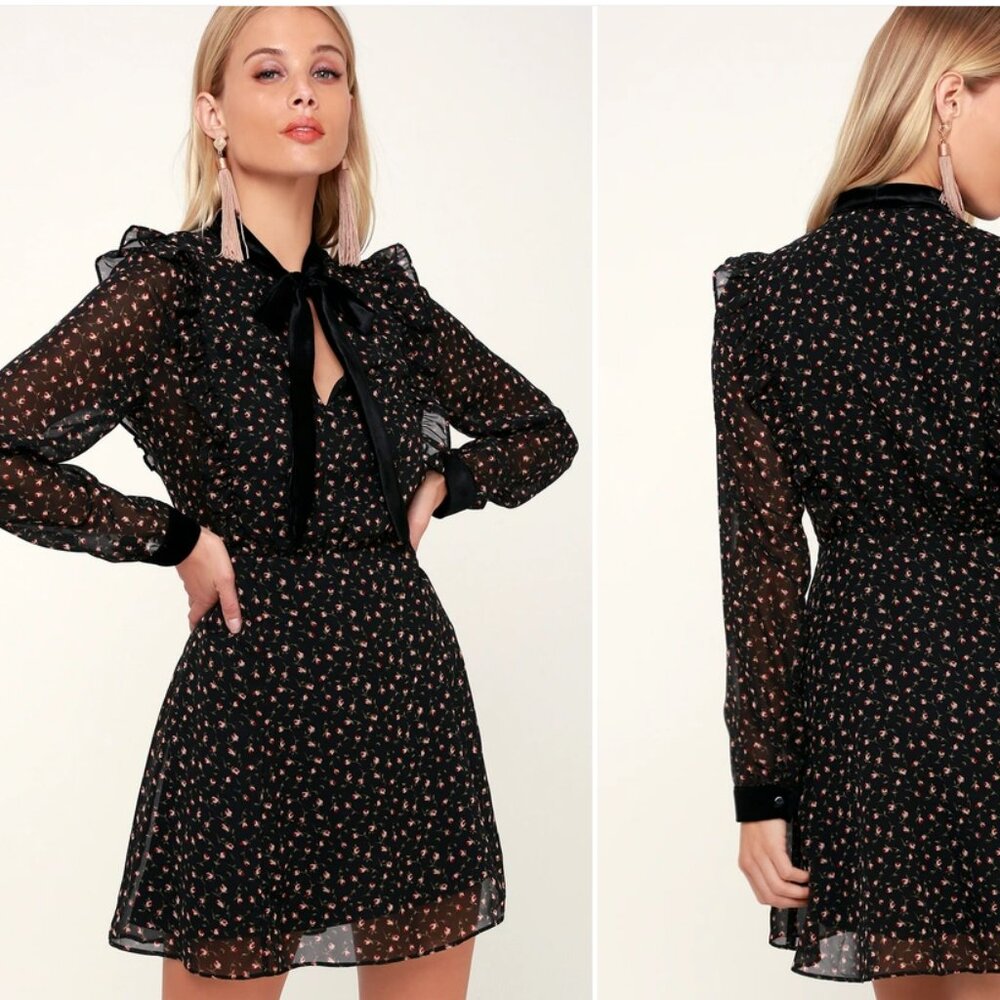 Black Floral Print Long Sleeve Dress